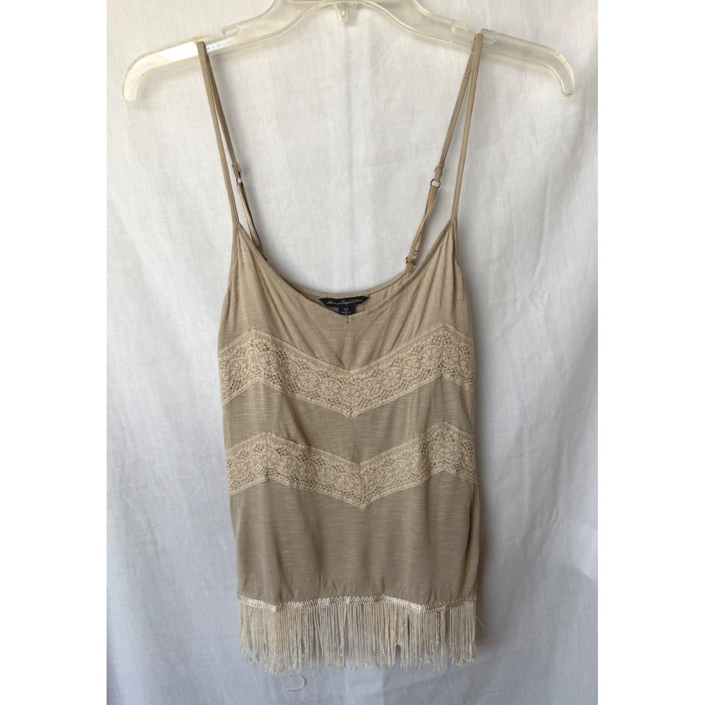 American Eagle Festival Boho Fringe Western Coastal Cami Tank Top Tan Lace Small